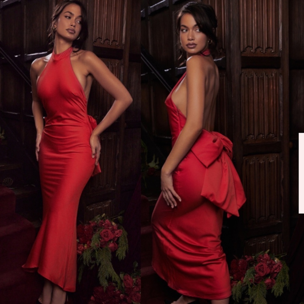 HOUSE OF CB 'Ilaria' Red Bow Halter Maxi Dress NWOT size XS